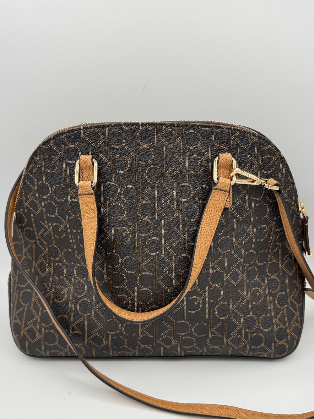 Calvin Klein Signature Dome Satchel- Brown Monogram Pattern with Tan Trim - Picture 3 of 14